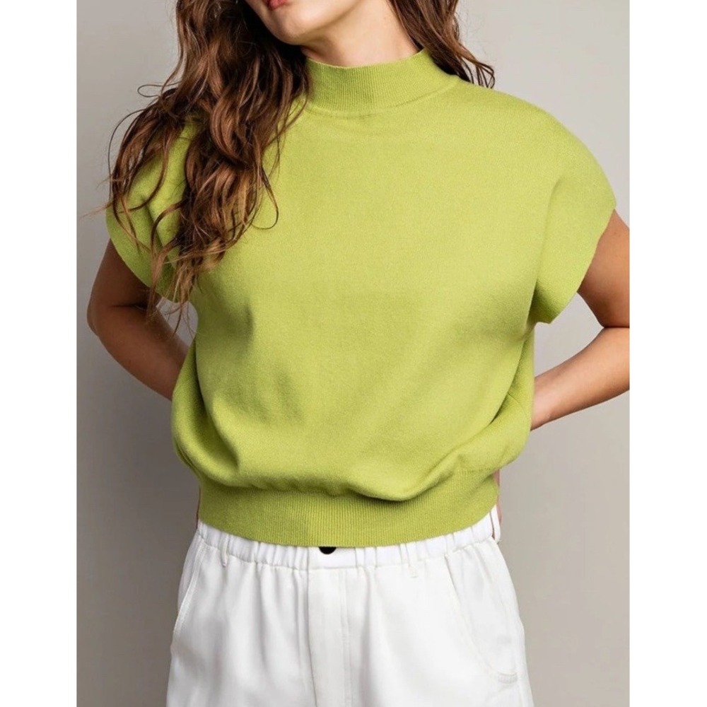 ee:some Womens Sleeveless Mock Neck Boxy Cropped Sweater Top Lime Green Sz L